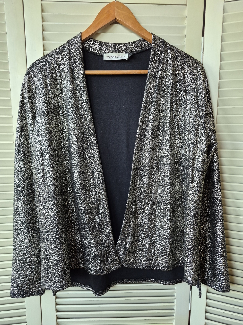 Veronicam Metallic Silver Open-Front Cardigan Size Large